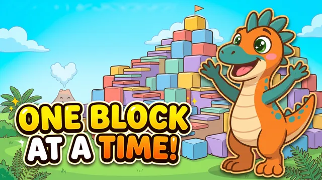 Raptor cheering in front of a mountain of colourful toy blocks: One block at a time!
