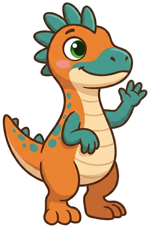 Raptor, a baby raptor with an orange body and a teal snout, waving hello